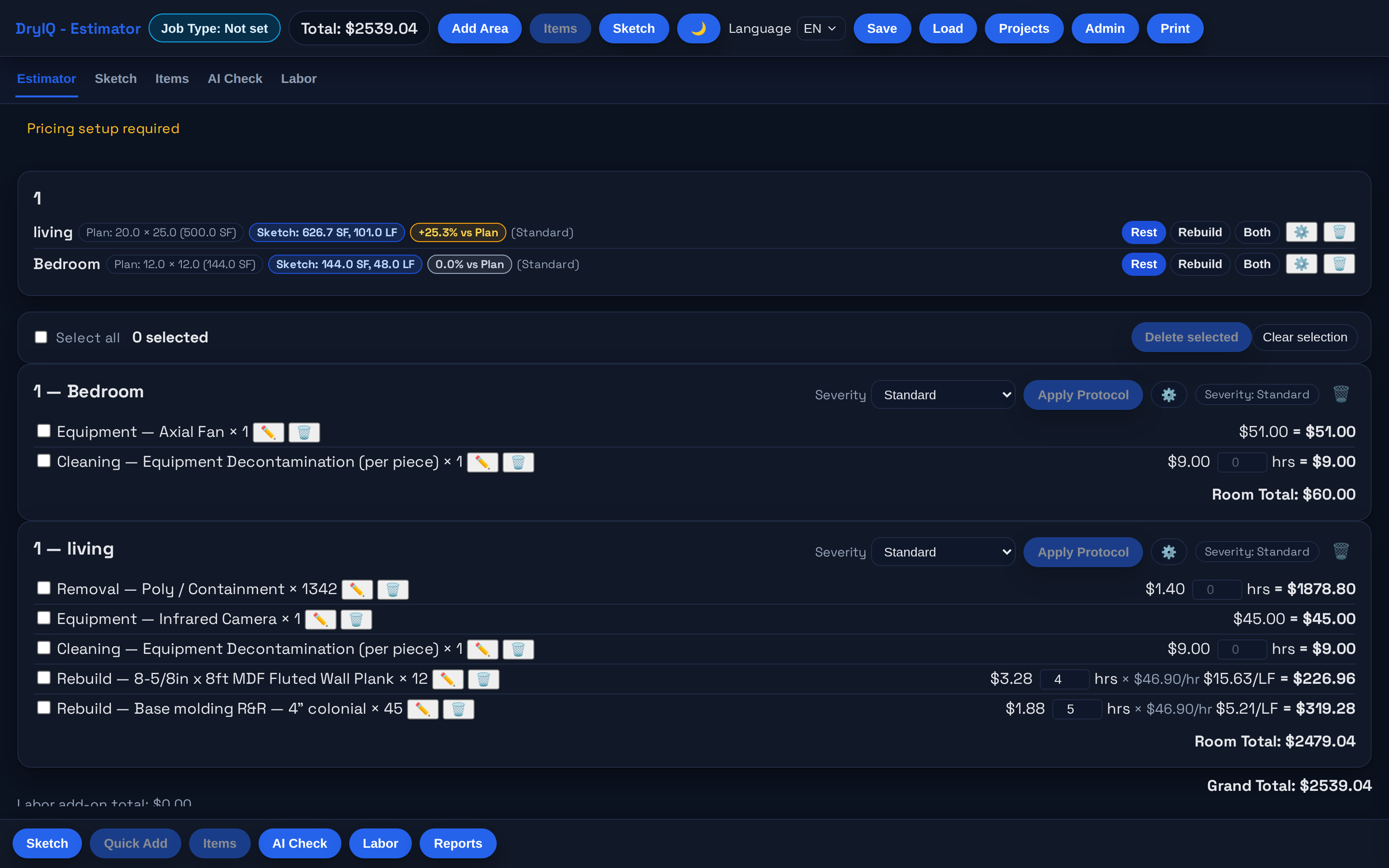 Estimator line-item dashboard