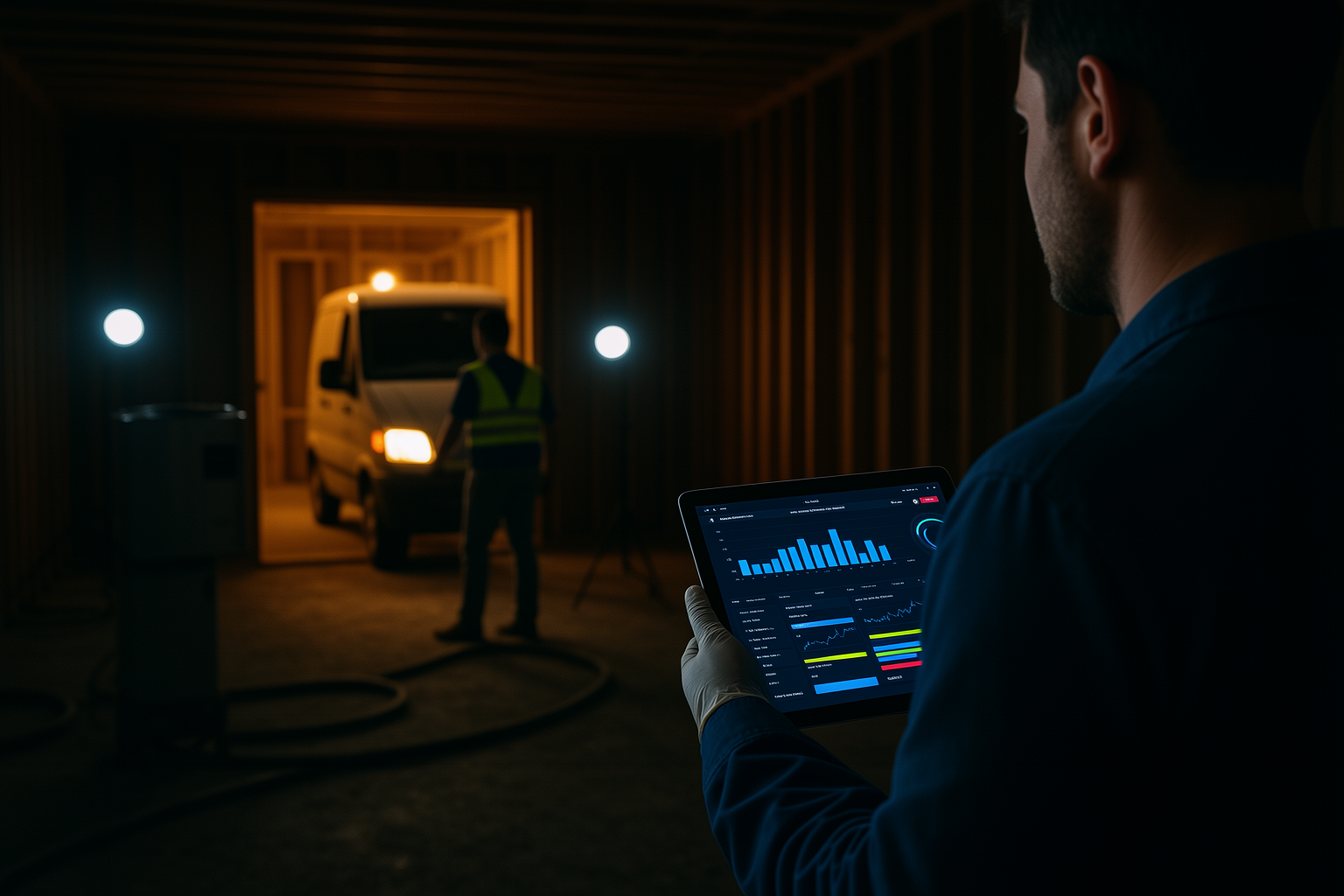 Restoration contractor using the DryIQ estimating platform at a night jobsite