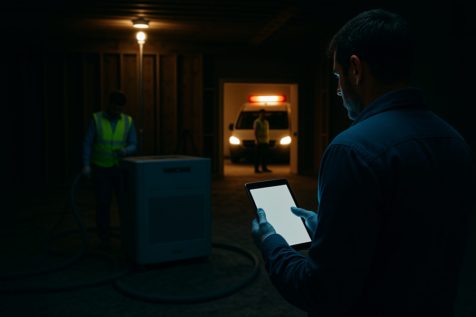 Restoration contractor capturing a jobsite walkthrough on a tablet at night